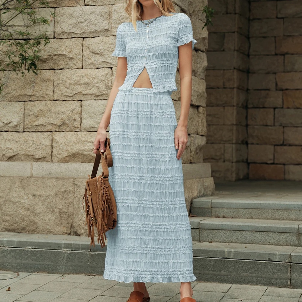 Commense Sky Blue Textured Skirt Set
